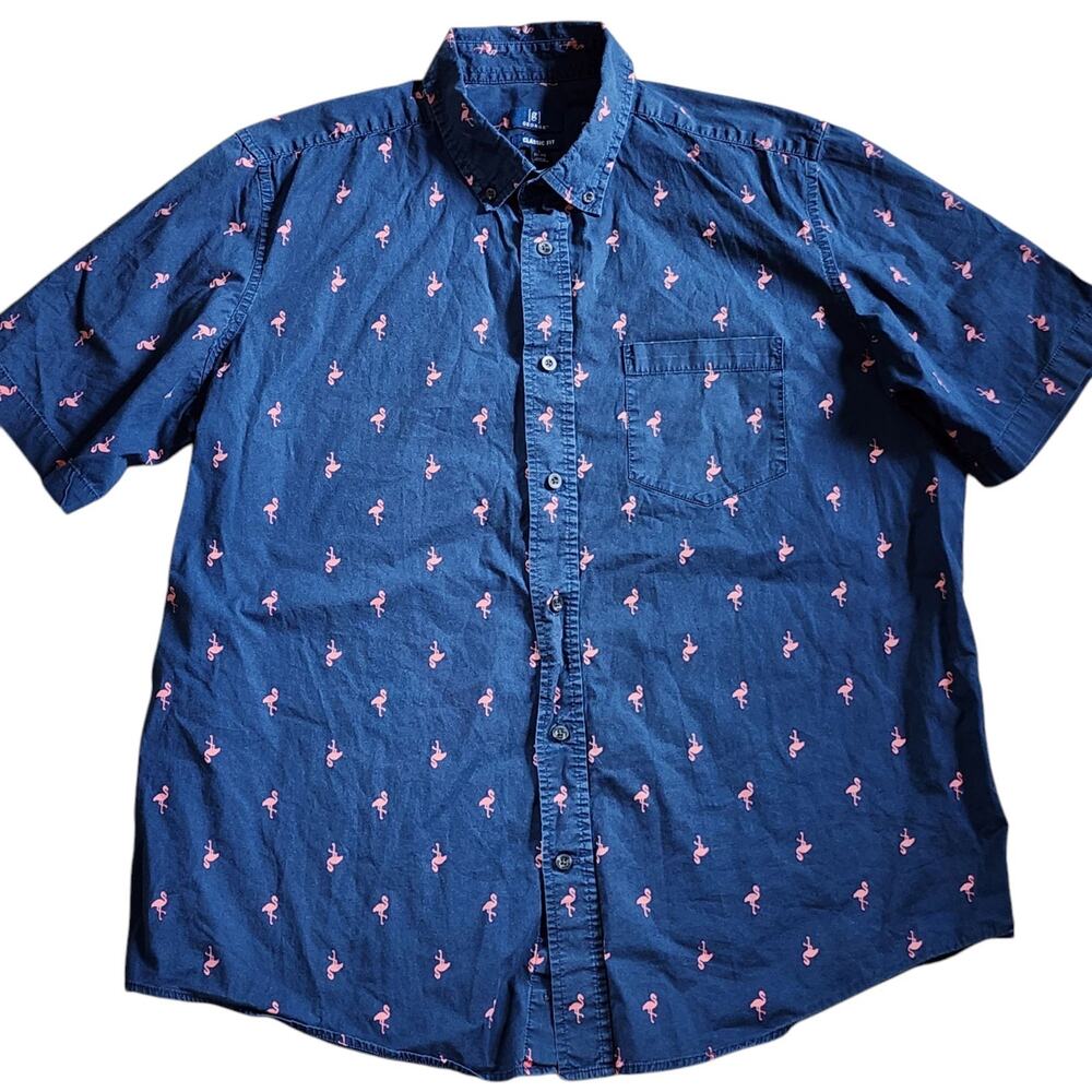 George Mens Classic Fit Shirt Size L 42-44 Blue Pink Flamingo Button Down
